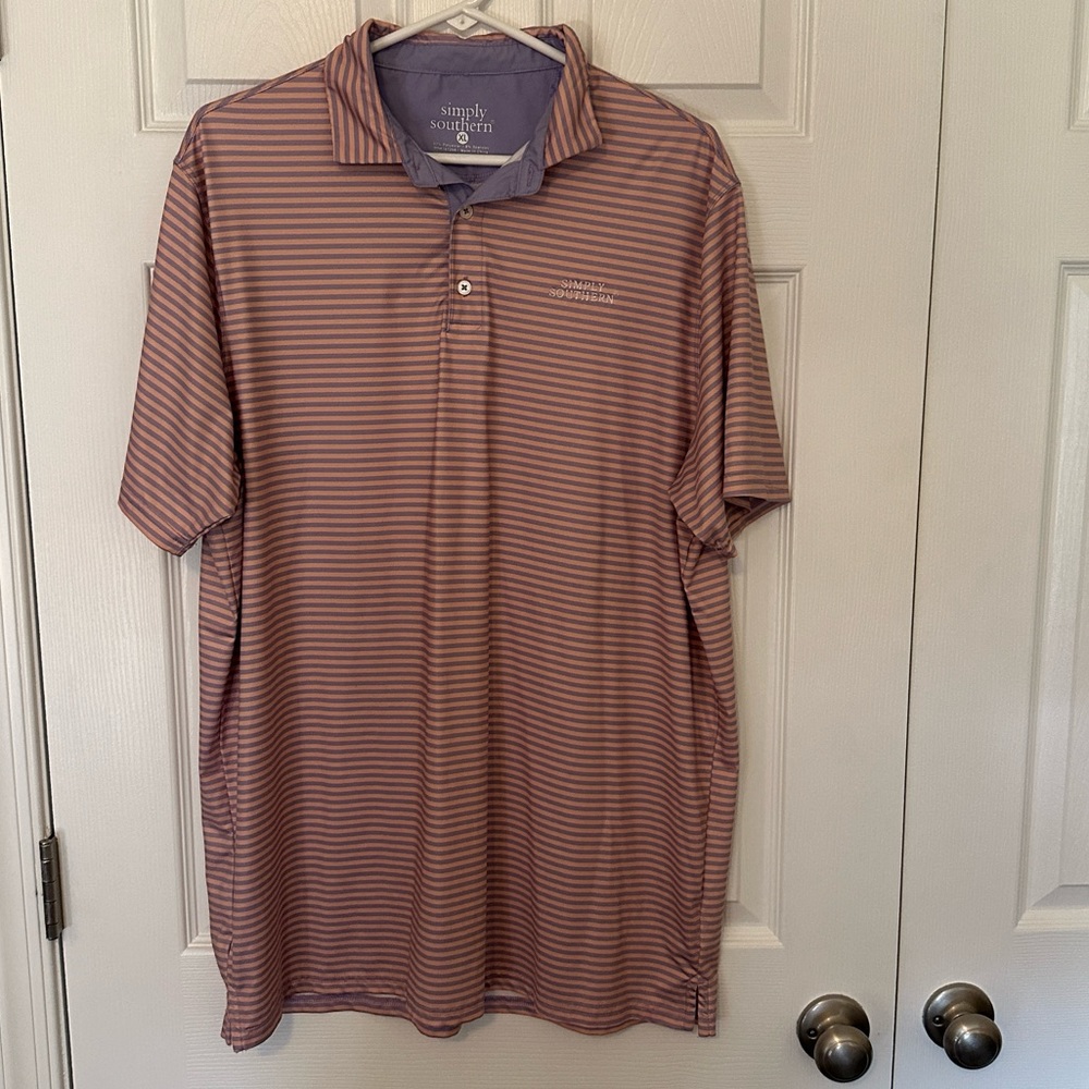 Simply Southern Mens Short Sleeve Striped Polo XL Purple/Orange